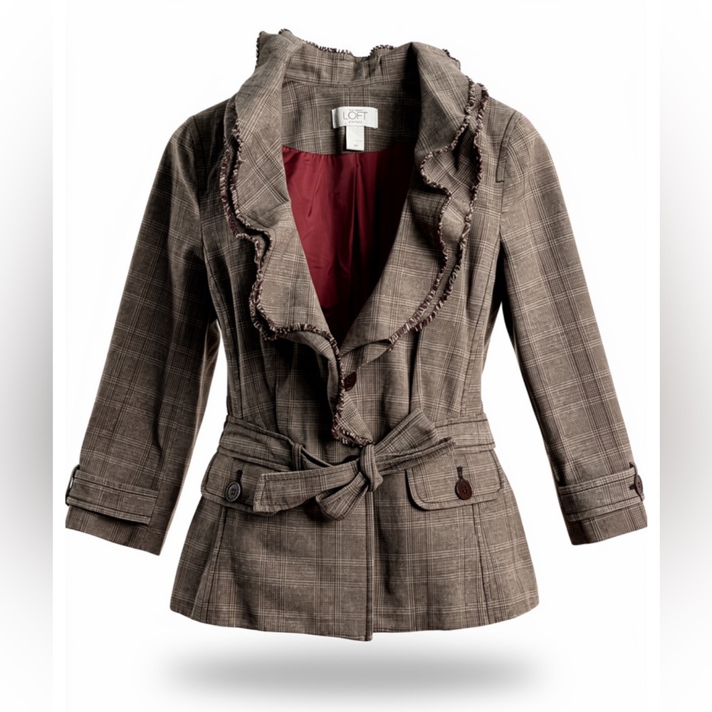 LOFT Petites Brown Plaid Ruffle Blazer Jacket | Size 8P | Belted Tailored Coat